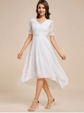 Ever Pretty White Lace Sleeve High-Low Midi Dress